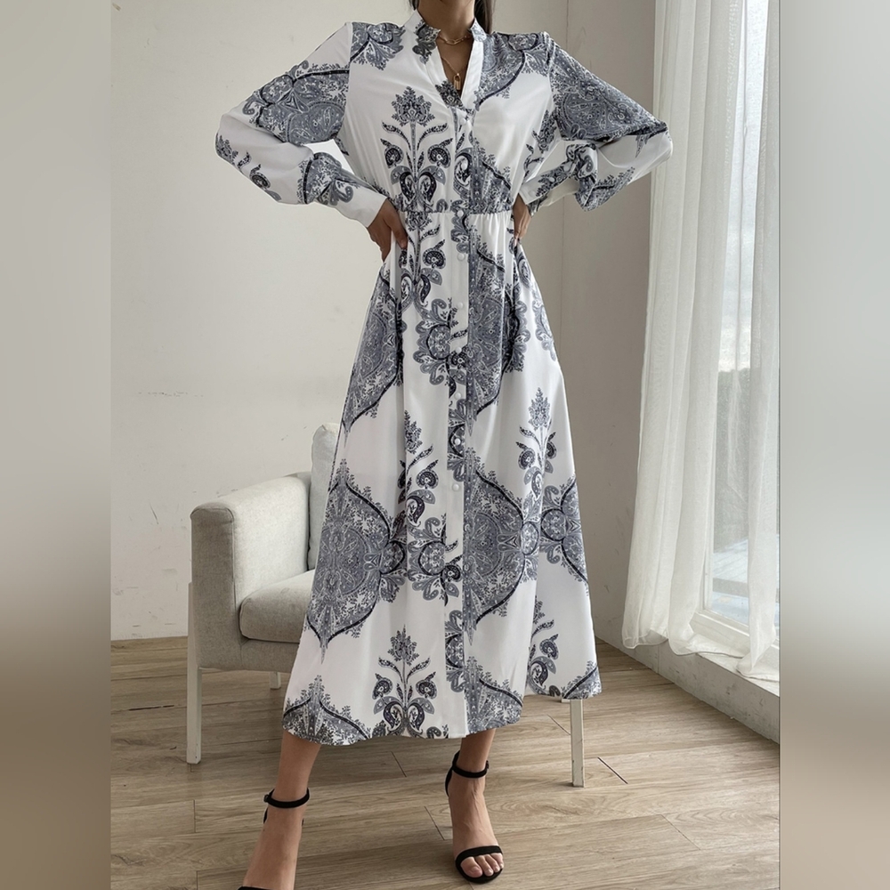 Printed Notched Lantern Sleeve Midi Dress